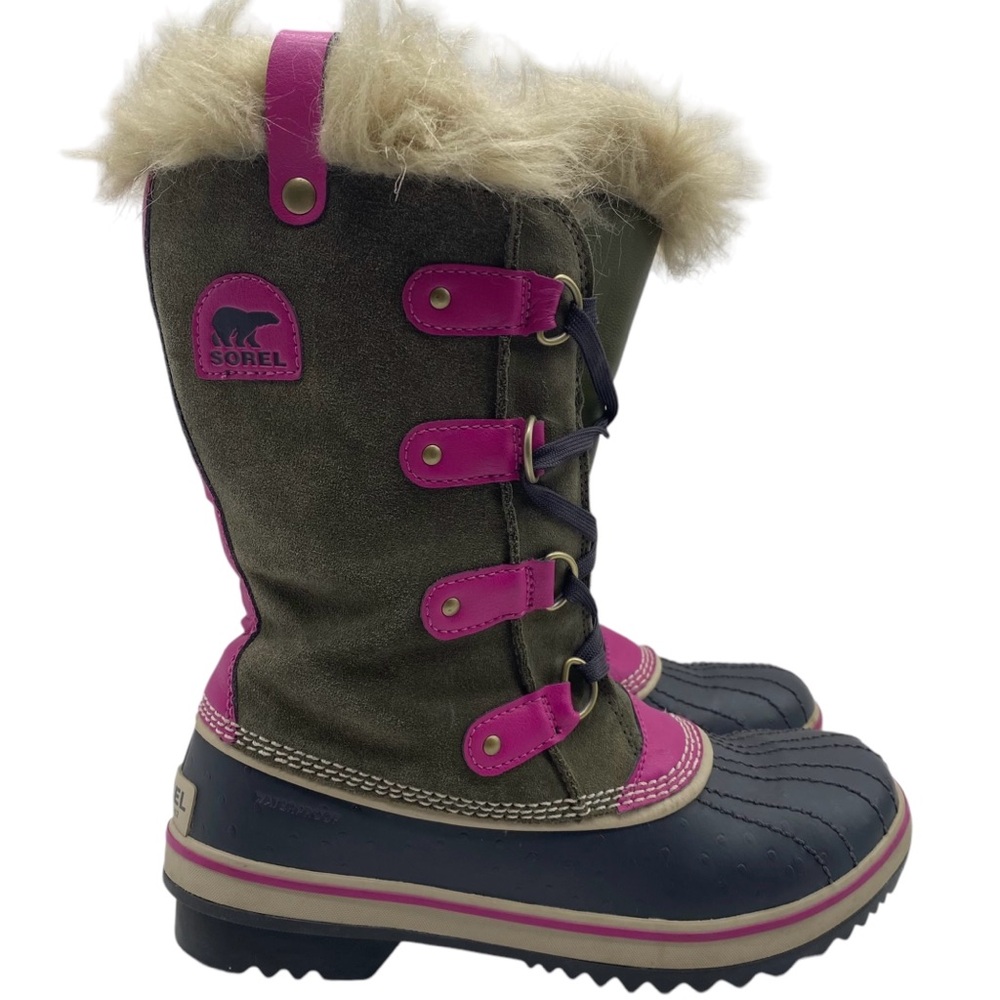 Sorel Girls Winter Boots Size 6 Green Pink Leather Waterproof Faux Fur Tall - Picture 2 of 14